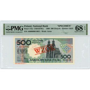 500 złotych 1990 - A - WZÓR / SPECIMEN - PMG 68 EPQ - niski nr wzoru 0051