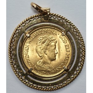 NETHERLNDS - Wilhelmina 10 guldenów 1917 w złotej oprawie