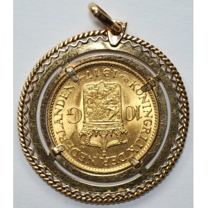 NETHERLNDS - Wilhelmina 10 guldenów 1917 w złotej oprawie