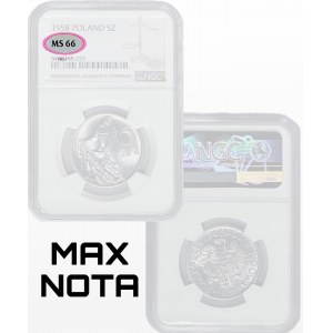 5 złotych 1958 Rybak NGC MS66 wąska ósemka - MAX NOTA