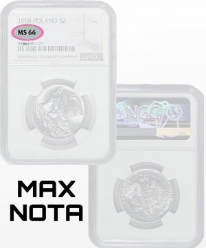 5 złotych 1958 Rybak NGC MS66 wąska ósemka - MAX NOTA