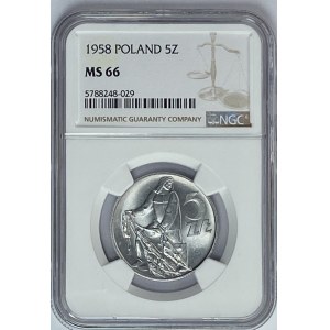 5 złotych 1958 Rybak NGC MS66 wąska ósemka - MAX NOTA