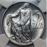 5 złotych 1958 Rybak NGC MS66 wąska ósemka - MAX NOTA