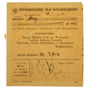 Dowód wpłaty na Budowę Pomnika Józefa Piłsudskiego w Warszawie 1937 r.