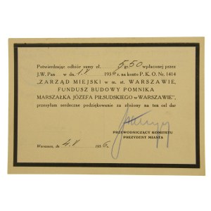 Podziękowanie prezydenta m. Warszawy za dar na pomnik Józefa Piłsudskiego 1936 r.
