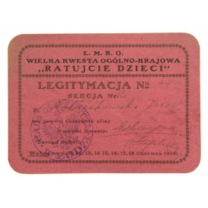 Legitymacja kwestarza Wielkiej Kwesty Ratujcie Dzieci 1916 r.