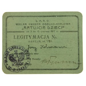 Legitymacja kwestarza Wielkiej Kwesty Ratujcie Dzieci 1917 r.