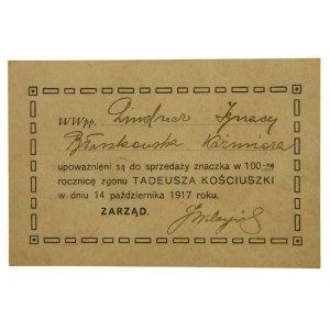 Legitymacja kwestarza sprzedaży znaczka w rocznicę zgonu Kościuszki 1917 r.