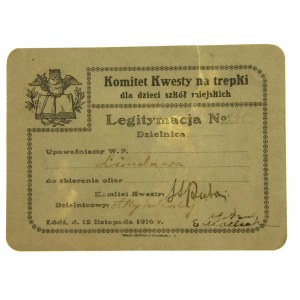 Legitymacja kwestarza Kwesty na trepki dla dzieci 1916 r Łódź