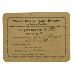 Legitymacja kwestarza Kwesty na jeńców Polaków Łódź, 1918 r