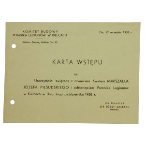 Karta wstępu otwarcie Kwatery Marszałka Józefa Piłsudskiego, 1938r