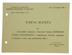 Karta wstępu otwarcie Kwatery Marszałka Józefa Piłsudskiego, 1938r