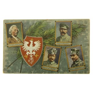 Pocztówka patriotyczna Piłsudski, Paderewski, Haller, Dowbór - Muśnicki