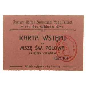Karta wstępu na mszę zjednoczenie Wojsk Polskich 1919r