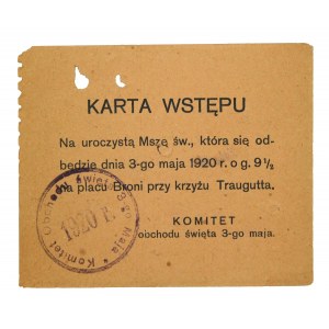 Karta wstępu na mszę przy krzyżu Traugutta 1920r Warszawa