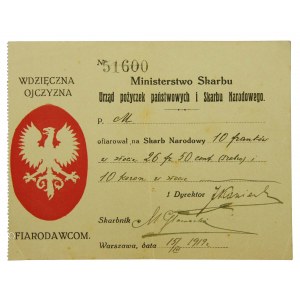 Ministerstwo Skarbu - pokwitowanie ofiary na Skarb Narodowy 1919 r.
