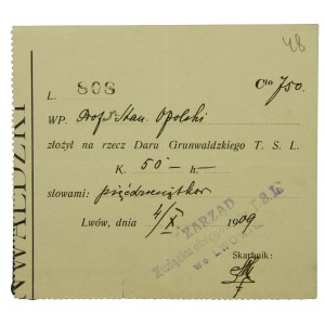 Potwierdzenie wpłaty na Dar Grunwaldzki TSL, Lwów 1909r