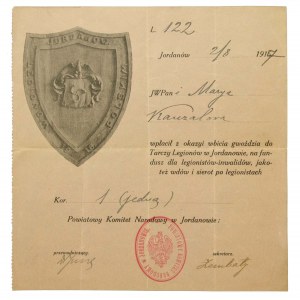 Potwierdzenie wpłaty na fundusz legionistów inwalidów, Jordanów 2 VIII 1917r.