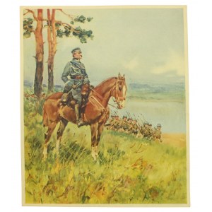 Józef Piłsudski na koniu. Reprodukcja obrazu Kossaka, II RP