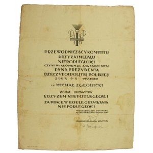 Dyplom nadania Krzyża Niepodległości 1933r, podpis J. Piłsudski