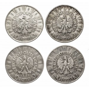 Polen, Zweite Republik (1918-1939), Satz von 4 Münzen 10 Zloty Piłsudski.