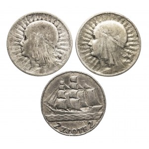 Polen, Zweite Polnische Republik (1918-1939), Satz von 3 Münzen 2 Zloty: Frau, Segelschiff
