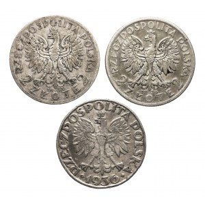 Polska, II Rzeczpospolita (1918-1939), zestaw 3 monet 2 złote: Kobieta, Żaglowiec
