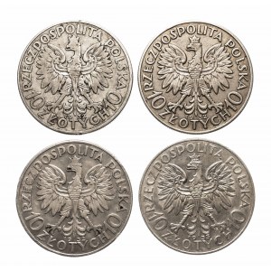 Polen, Zweite Republik (1918-1939), Satz von 4 Münzen 10 Zloty Kopf einer Frau.