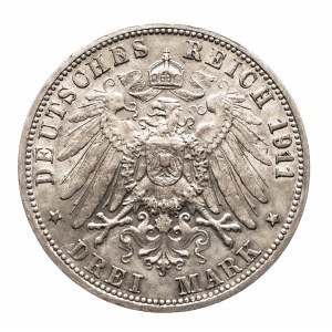 Nemecko, Nemecké cisárstvo (1871 - 1918), Württembersko, Wilhelm II (1891 - 1918), 3 marky 1911 F, Stuttgart.