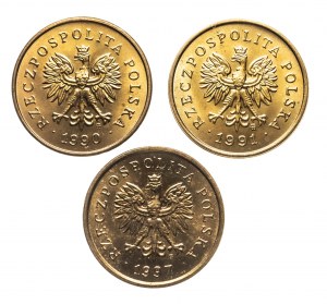 Pologne, République de Pologne depuis 1989, ensemble de 2 pennies 1990-1997 (3 pièces)