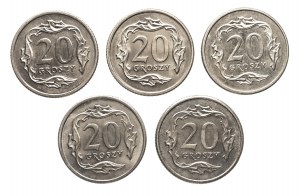 Pologne, République de Pologne depuis 1989, set de 20 groszy 1990-1997 (5 pcs.)