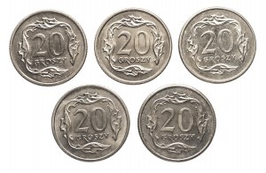 Polsko, Polská republika od roku 1989, sada 20 grošů 1990-1997 (5 ks)