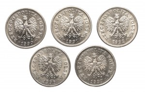 Polsko, Polská republika od roku 1989, sada 20 grošů 1990-1997 (5 ks)
