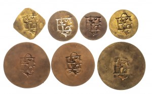 Polska, zestaw monet: 5 groszy, 10 groszy, 30 groszy, 50 groszy, 2x5 złotych, 10 złotych (XIX/XX w.), Monogram EL