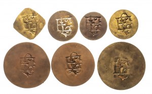 Polska, zestaw monet: 2x5 groszy, 10 groszy, 30 groszy, 50 groszy, 2x5 złotych, 10 złotych (XIX/XX w.), Monogram EL