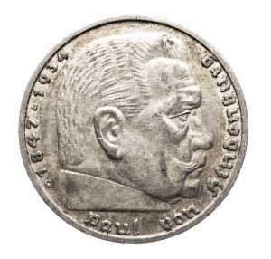 Allemagne, Troisième Reich (1933-1945), 5 marks 1935 G, Hindenburg, Karlsruhe