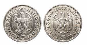 Niemcy, III Rzesza (1933-1945), zestaw: 5 marek 1935, 1936 A, Hindenburg, Berlin