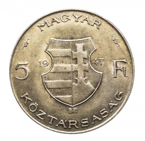 Hungary, 5 forints 1947, 100th anniversary - Revolution of 1848, Sandor Petofi, silver, Budapest