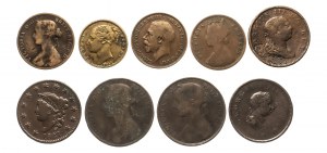 Set di monete in rame del 19°-20° sec. - Regno Unito, Stati Uniti - 9 pezzi.