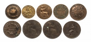 Set di monete in rame del 19°-20° sec. - Regno Unito, Stati Uniti - 9 pezzi.