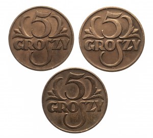 Polska, II Rzeczpospolita (1918-1939), zestaw 5 groszy 1937, 1938, 1939 Warszawa
