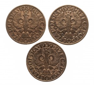 Poland, Second Republic (1918-1939), set of 5 pennies 1937, 1938, 1939 Warsaw