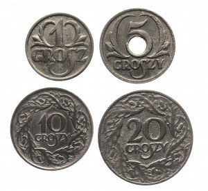 Polen, Generalna Gubernia (1939-1945), Satz Münzen 1,10,20 groszy 1923 und 5 groszy 1939, Warschau.