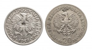 Pologne, République populaire de Pologne (1944-1989), série avec poinçons : 2 zlotys 1958 Kłosy et 20 zlotys Nowotko 1977.