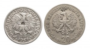 Polska, PRL (1944-1989), zestaw z puncami: 2 złote 1958 Kłosy i 20 złotych Nowotko 1977
