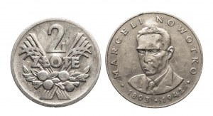 Pologne, République populaire de Pologne (1944-1989), série avec poinçons : 2 zlotys 1958 Kłosy et 20 zlotys Nowotko 1977.