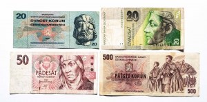 Tschechoslowakei, Tschechische Republik, Slowakei Satz von 4 Banknoten