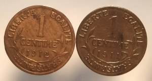 Francja, Trzecia Republika (1870-1941), zestaw: 1 centym 1911, 1912 A, Paryż - 2 sztuki