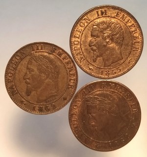 France, Napoléon III (1852-1870), ensemble : 1 centime 1855 A, 1862 A, 1862 K - 3 pièces