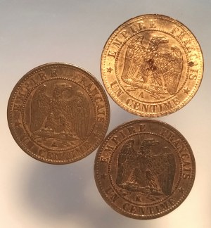 Francia, Napoleone III (1852-1870), serie: 1 centesimo 1855 A, 1862 A, 1862 K - 3 pezzi